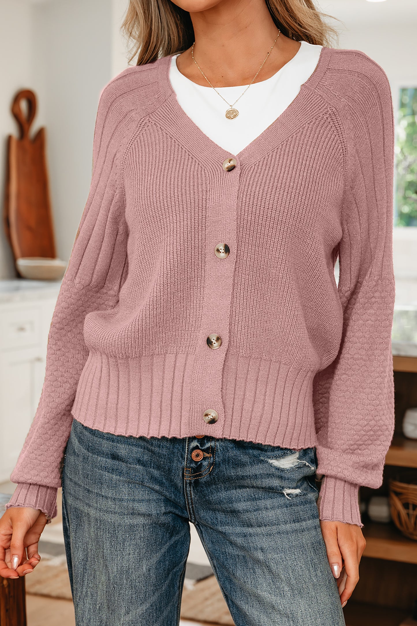 Light Pink Mixed Texture Knit Button V Neck Sweater Cardigan-TOPS / DRESSES-[Adult]-[Female]-2022 Online Blue Zone Planet