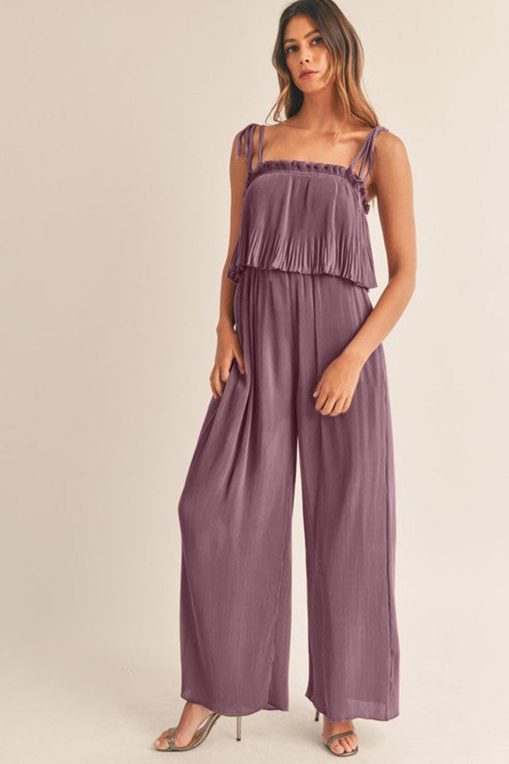 Rose Tan Solid Self Tied Straps Pleated Wide Leg Jumpsuit Blue Zone Planet