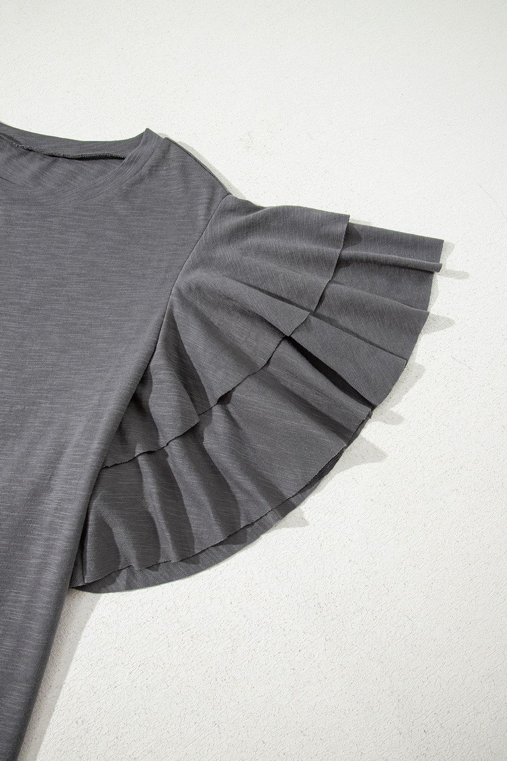 Dark Grey Double Ruffled Short Sleeve Plus Size Top-Plus Size/Plus Size Tops/Plus Size Tops & Tees-[Adult]-[Female]-2022 Online Blue Zone Planet