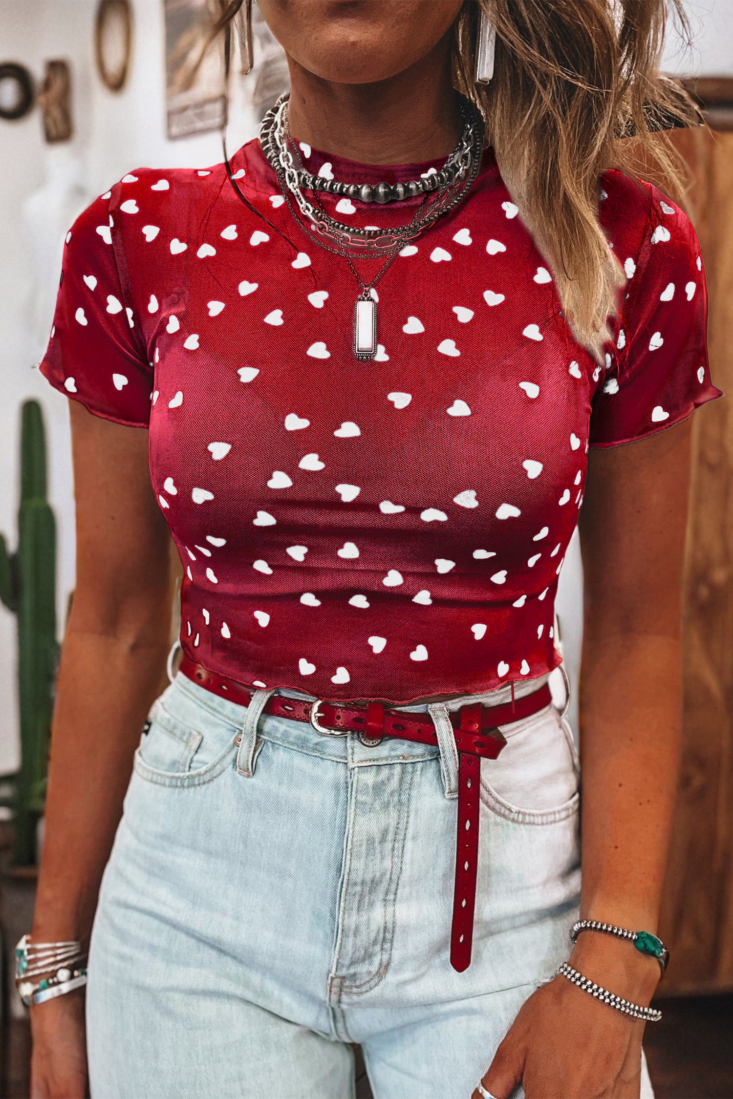 Racing Red Allover Heart Print Mesh Short Sleeve Top-Pre Order Tops-[Adult]-[Female]-Racing Red-L-2022 Online Blue Zone Planet