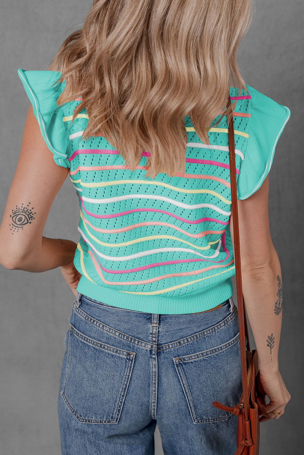 Green Colorful Striped Eyelet Knit Ruffled Sleeve Sweater T Shirt-TOPS / DRESSES-[Adult]-[Female]-2022 Online Blue Zone Planet