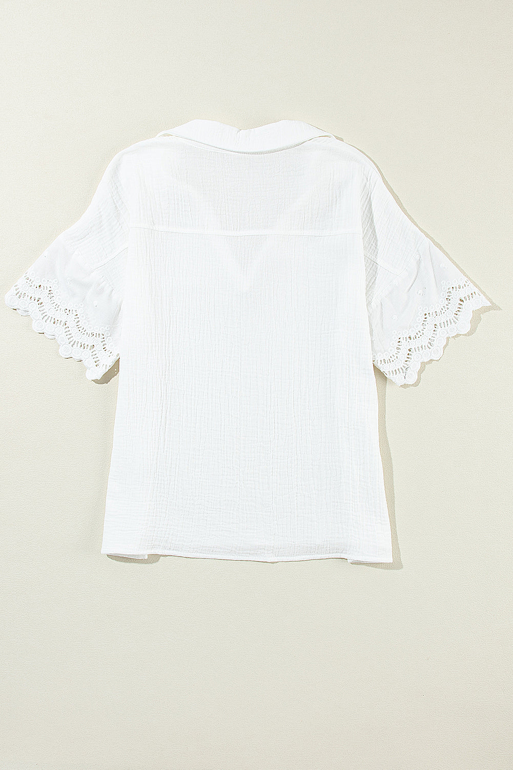 White Crinkled Lace Splicing Sleeve Collared V Neck Blouse-Tops/Blouses & Shirts-[Adult]-[Female]-2022 Online Blue Zone Planet