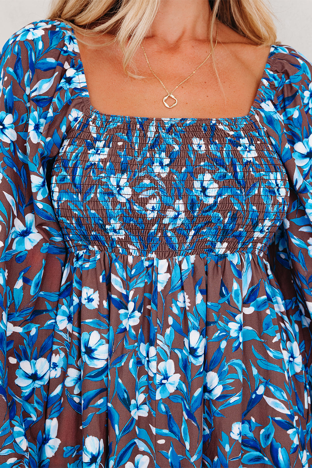 Blue Smocked Bodice High Waist Ruffled Sleeve Floral Dress-TOPS / DRESSES-[Adult]-[Female]-2022 Online Blue Zone Planet