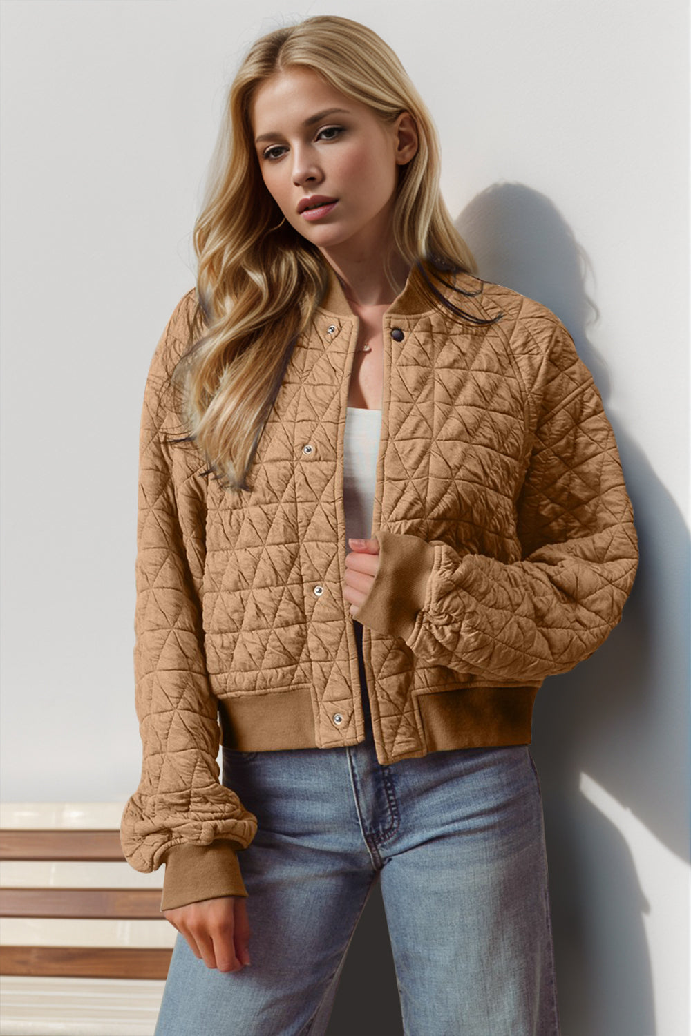 Double Take Quilted Snap Down Cropped Bomber Jacket-TOPS / DRESSES-[Adult]-[Female]-Camel-S-2022 Online Blue Zone Planet