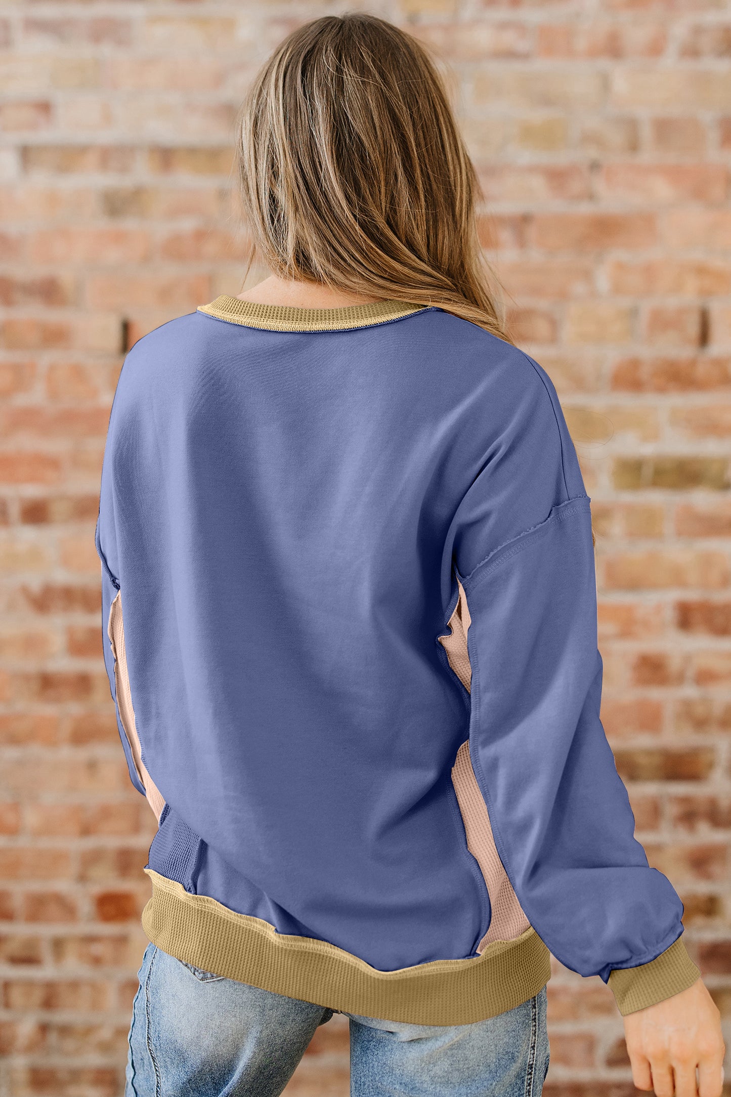 Wild Wind Color Block Mix Texture Waffle Patchwork Oversize Sweatshirt-Tops/Sweatshirts & Hoodies-[Adult]-[Female]-2022 Online Blue Zone Planet