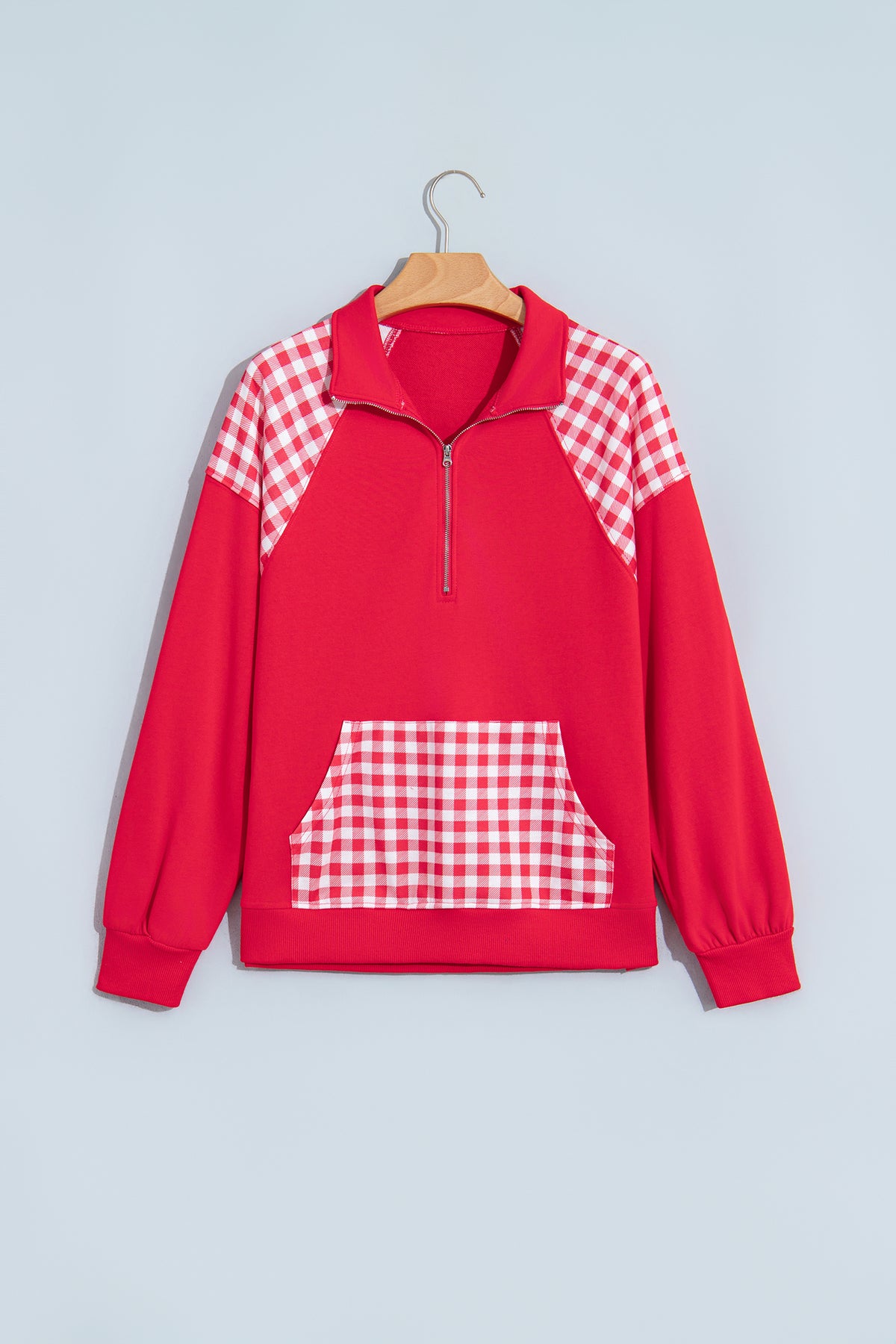 Navy Blue Patchwork Plaid Pocket Quarter Zip Sweatshirt-Tops/Sweatshirts & Hoodies-[Adult]-[Female]-2022 Online Blue Zone Planet