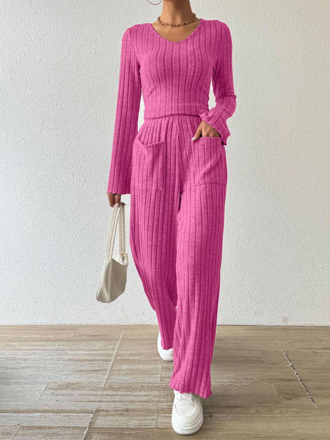 Ribbed V-Neck Long Sleeve Top and Pocketed Pants Set-TOPS / DRESSES-[Adult]-[Female]-Hot Pink-S-2022 Online Blue Zone Planet