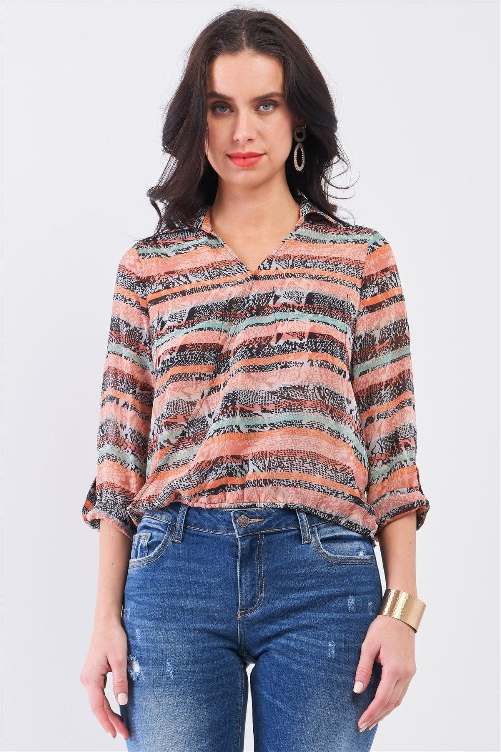 Blue Zone Planet | Mono B Cutout Johnny Collar Three-Quarter Sleeve Blouse-TOPS / DRESSES-[Adult]-[Female]-Animal Print Coral Multi-XS-2022 Online Blue Zone Planet