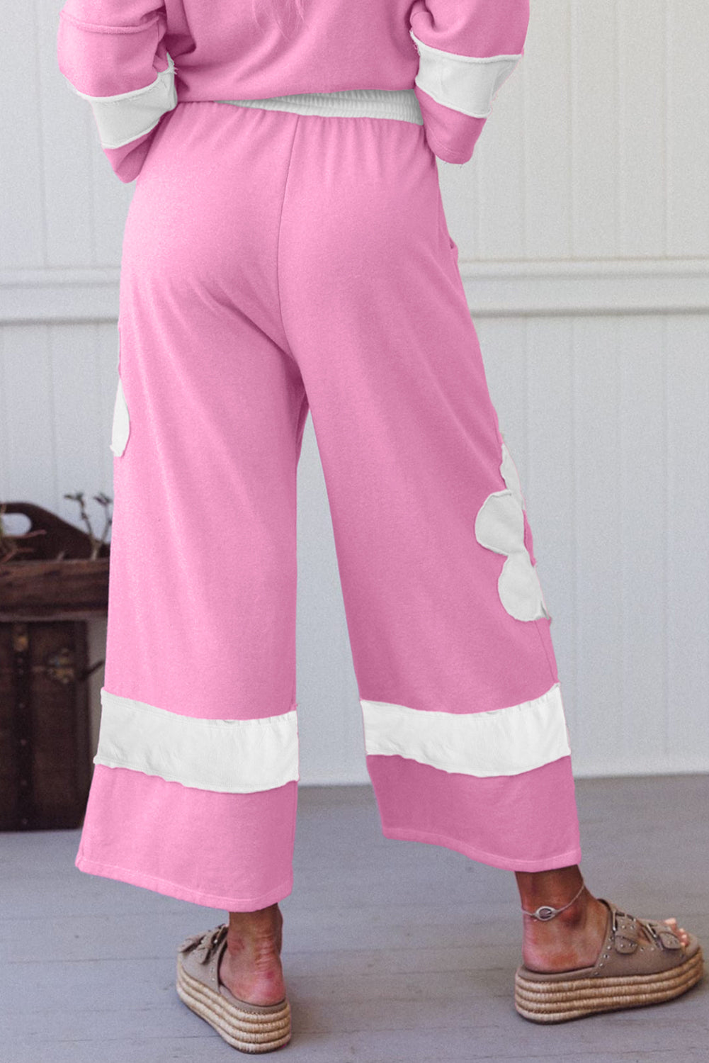 Orchid Bouquet Big Flower Patched Raw Seam Color Block 2 Piece Loose Pant Set-Two Piece Sets/Pant Sets-[Adult]-[Female]-2022 Online Blue Zone Planet