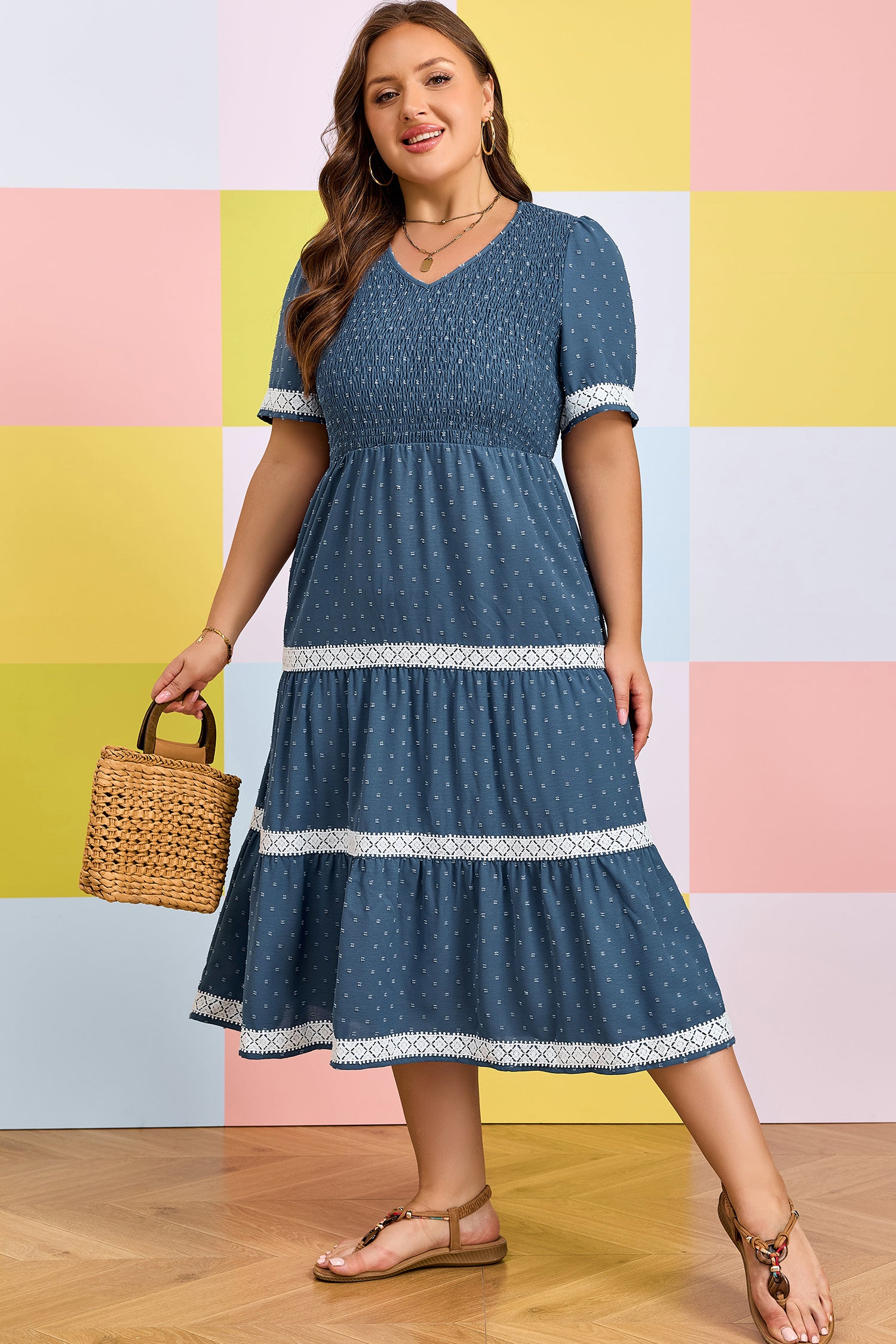 Dusk Blue Plus Size V Neck Swiss Dot Lace Patchwork Detail Flared Midi Dress Dusk Blue / 4X / 100%Polyester
