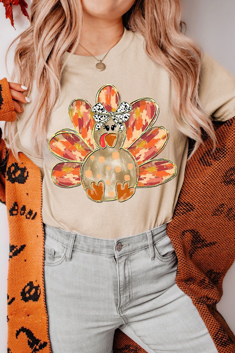 Khaki Thanksgiving Bowknot Turkey Graphic Crewneck Tee-Graphic/Graphic Tees-[Adult]-[Female]-Khaki-S-2022 Online Blue Zone Planet