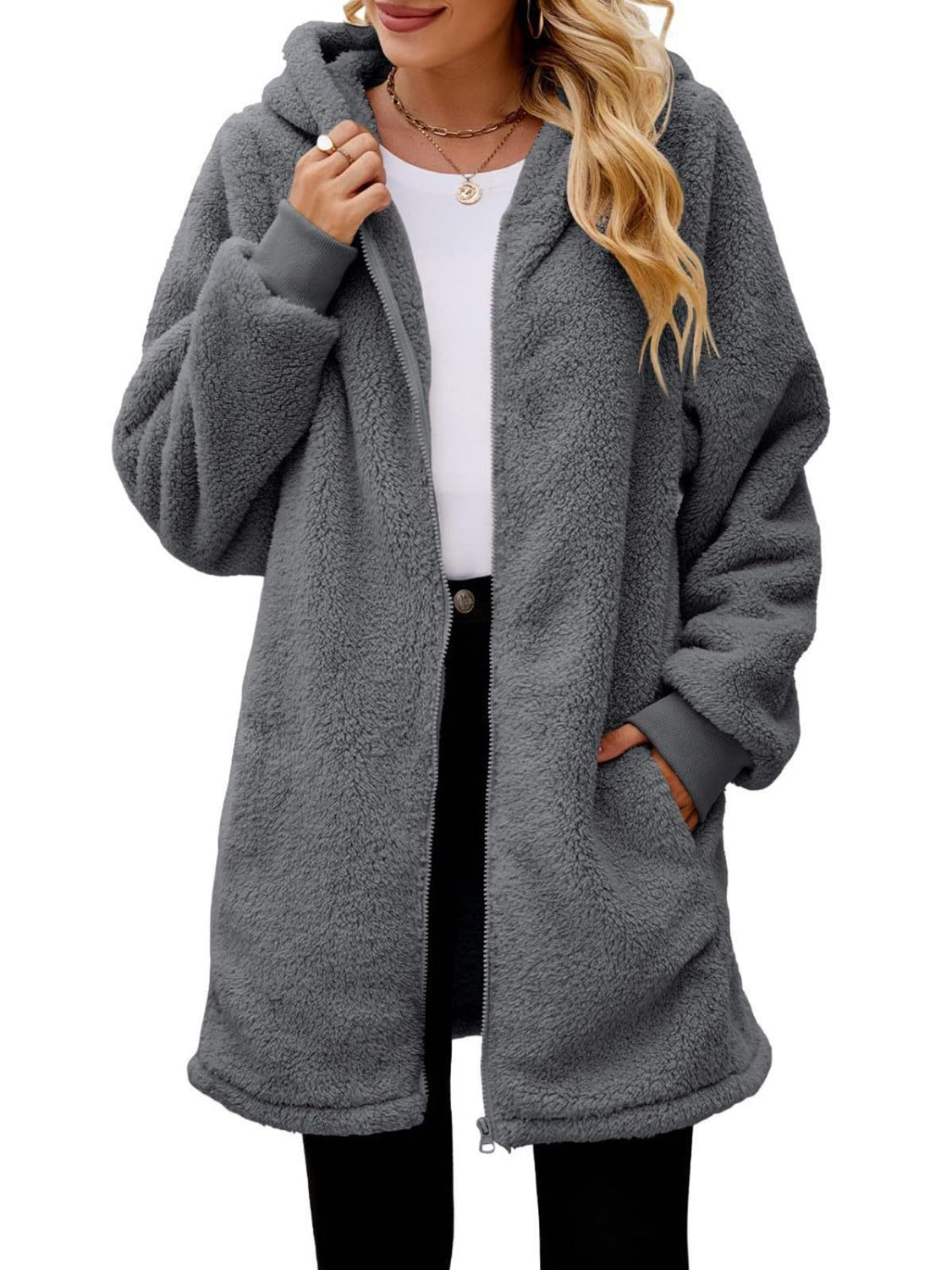 Fuzzy Pocketed Zip Up Long Sleeve Hooded Jacket-TOPS / DRESSES-[Adult]-[Female]-2022 Online Blue Zone Planet