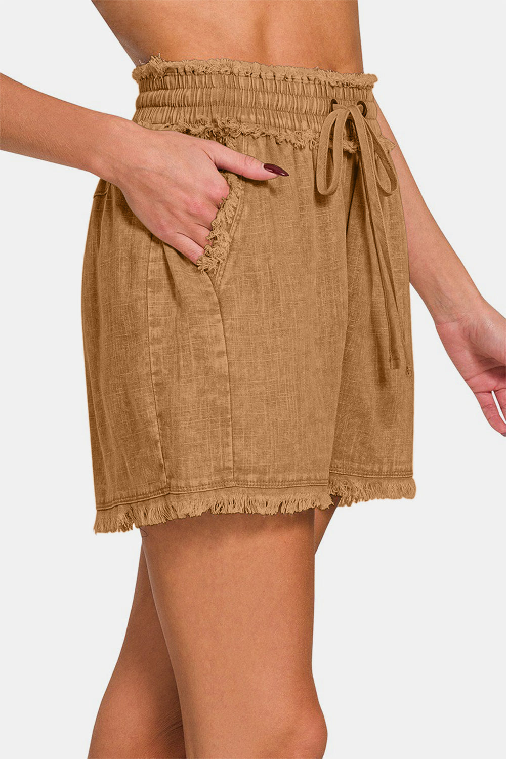 Blue Zone Planet | Zenana Washed Linen Frayed Hem Drawstring Shorts-BOTTOMS SIZES SMALL MEDIUM LARGE-[Adult]-[Female]-2022 Online Blue Zone Planet