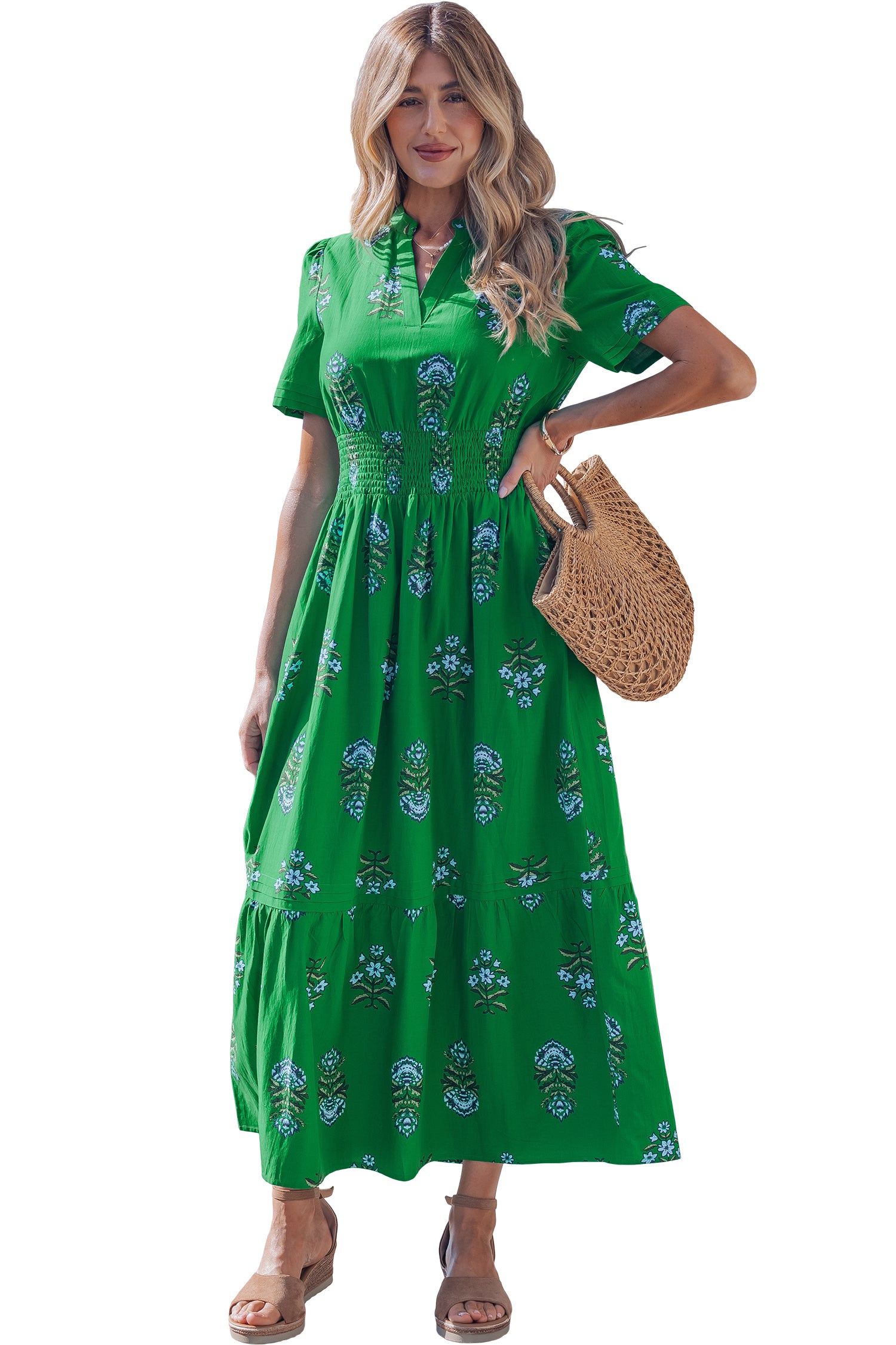 Green Floral Print Split Neck Shirred High Waist Ruffle Hem Maxi Dress-TOPS / DRESSES-[Adult]-[Female]-2022 Online Blue Zone Planet