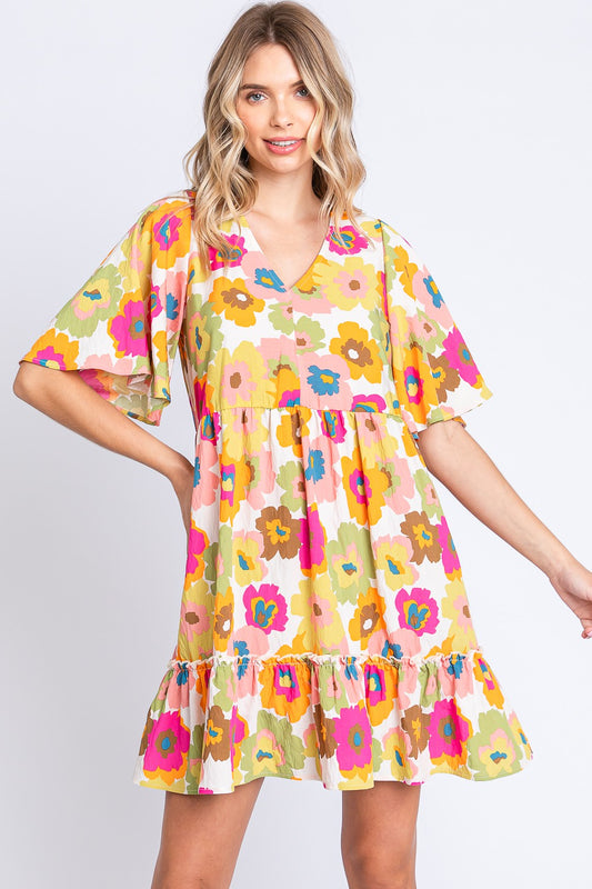 GeeGee Full Size Floral V-Neck Ruffle Trim Mini Dress-TOPS / DRESSES-[Adult]-[Female]-Off White Multi-S-2022 Online Blue Zone Planet