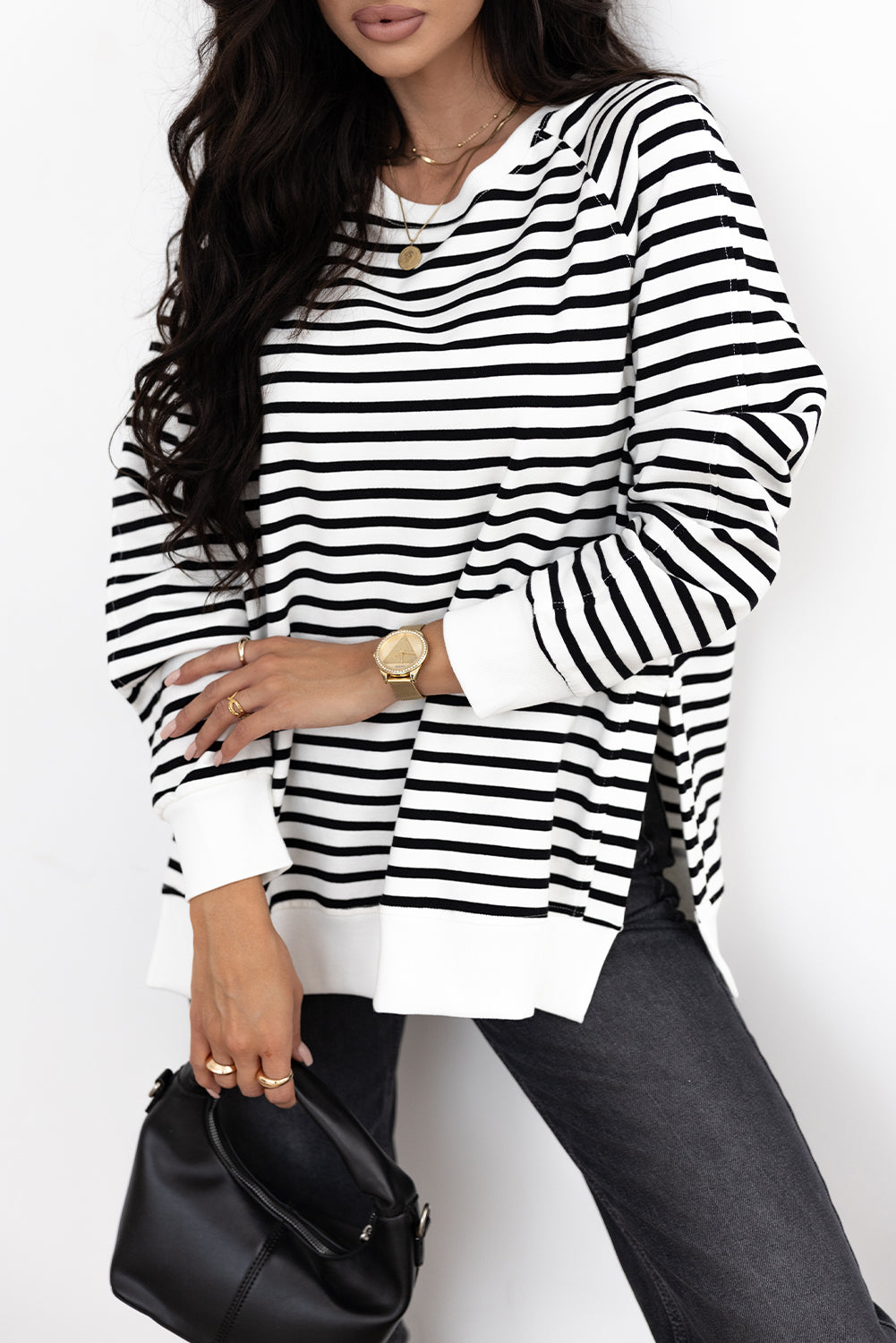 Black Stripe Raglan Sleeve Side Slits Loose Sweatshirt-Tops/Sweatshirts & Hoodies-[Adult]-[Female]-Black Stripe-S-2022 Online Blue Zone Planet