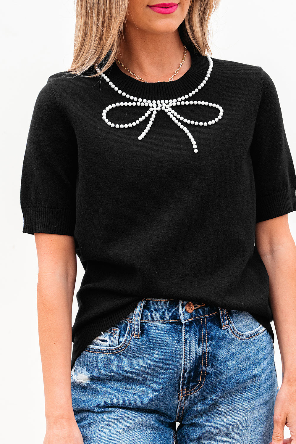 Black Pearl Bow Necklace Embellished Short Sleeve Knitted T Shirt-Sweaters & Cardigans/Short Sleeve Sweaters-[Adult]-[Female]-2022 Online Blue Zone Planet