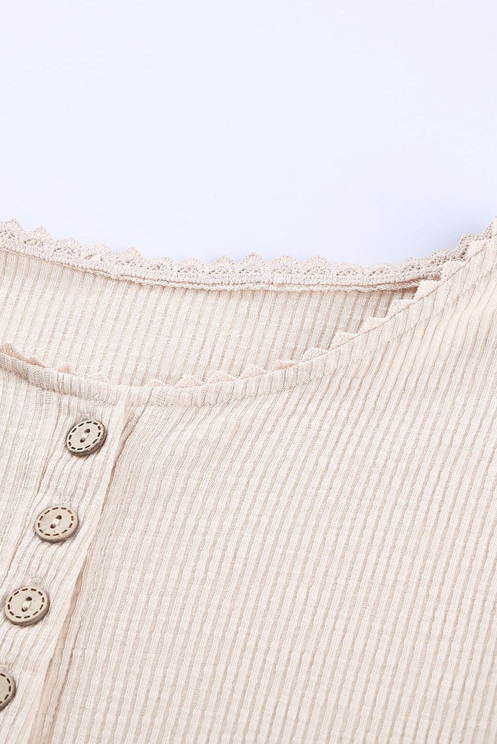 Beige Crochet Lace Hem Sleeve Button Top-Tops/Long Sleeve Tops-[Adult]-[Female]-2022 Online Blue Zone Planet