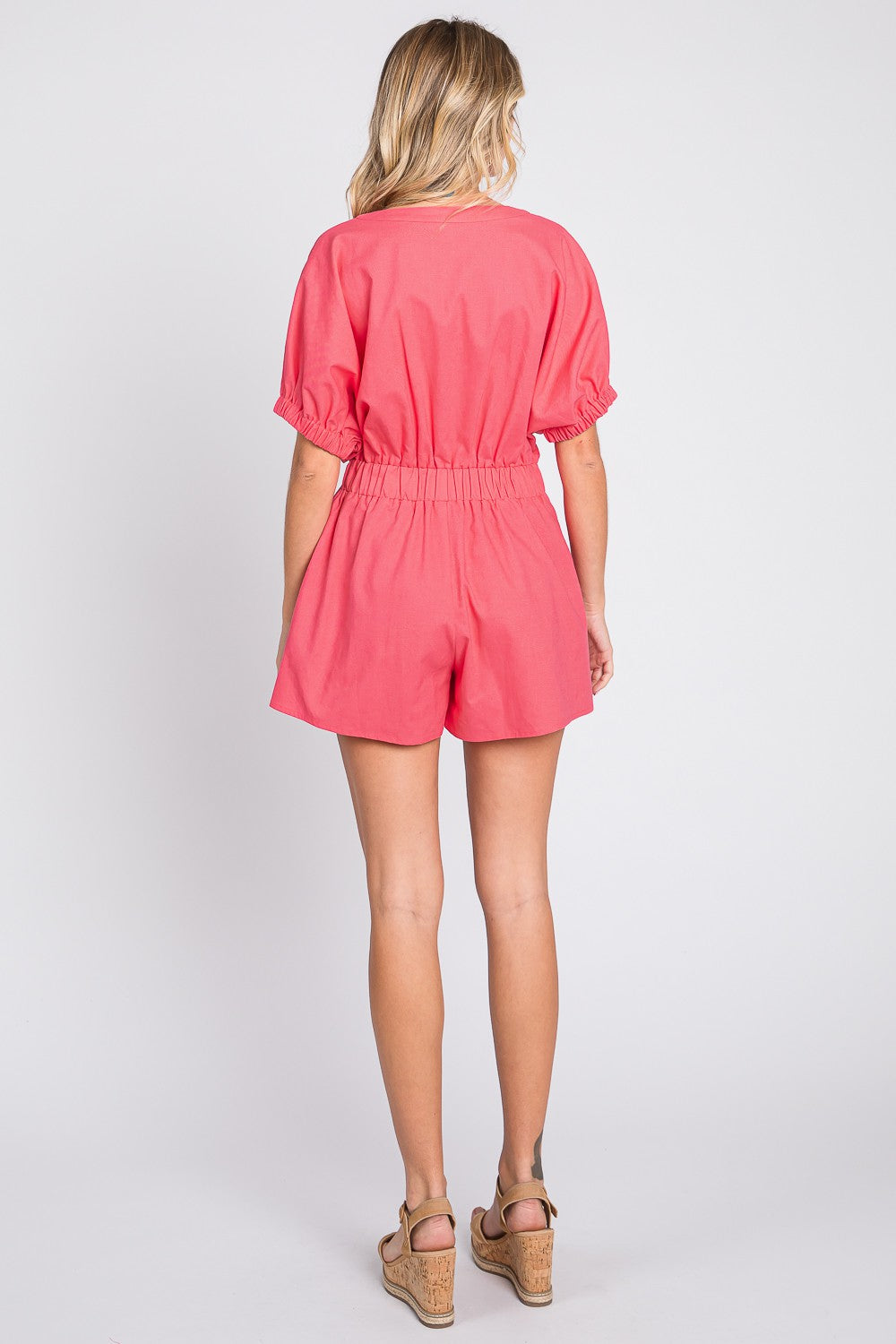 GeeGee Half Button V-Neck Linen Romper-TOPS / DRESSES-[Adult]-[Female]-2022 Online Blue Zone Planet