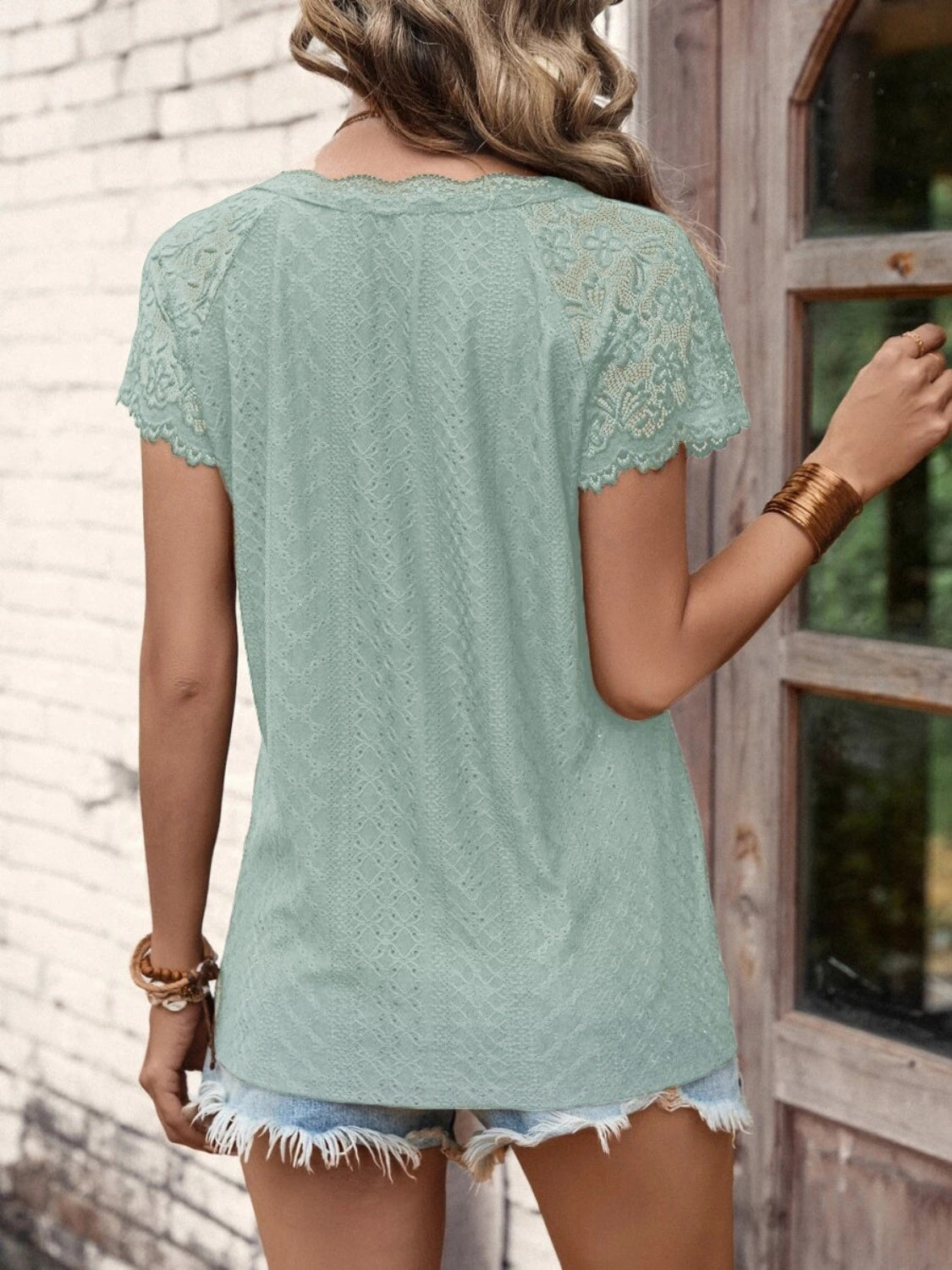 Lace Detail V-Neck Short Sleeve T-Shirt-TOPS / DRESSES-[Adult]-[Female]-2022 Online Blue Zone Planet