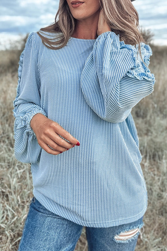 Mist Blue Corded Frilly Puff Sleeve Round Neck Blouse-Tops/Blouses & Shirts-[Adult]-[Female]-Mist Blue-S-2022 Online Blue Zone Planet