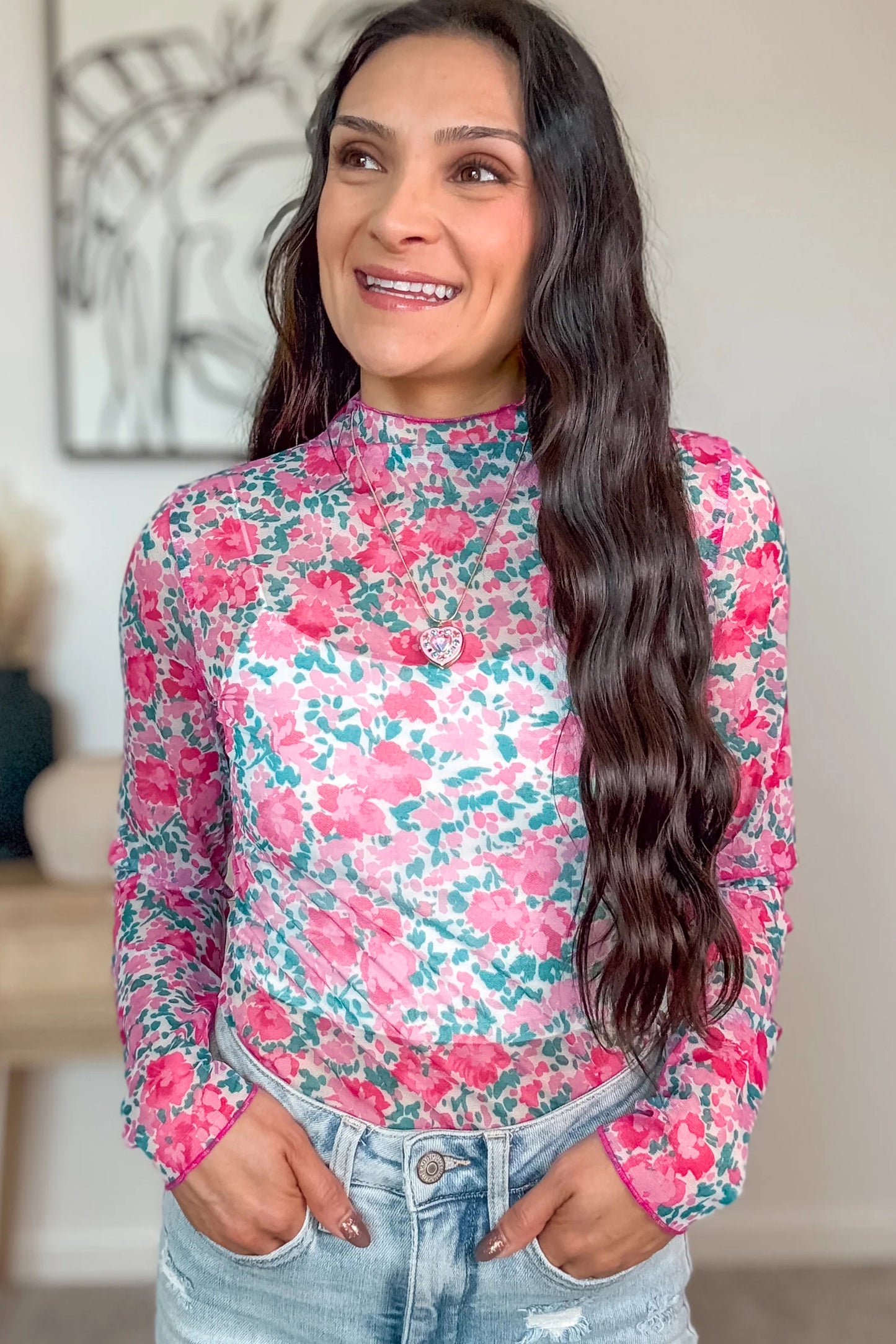 Pink Slim Fit Floral Mesh Long Sleeve Mock Neck Top-Tops/Long Sleeve Tops-[Adult]-[Female]-2022 Online Blue Zone Planet