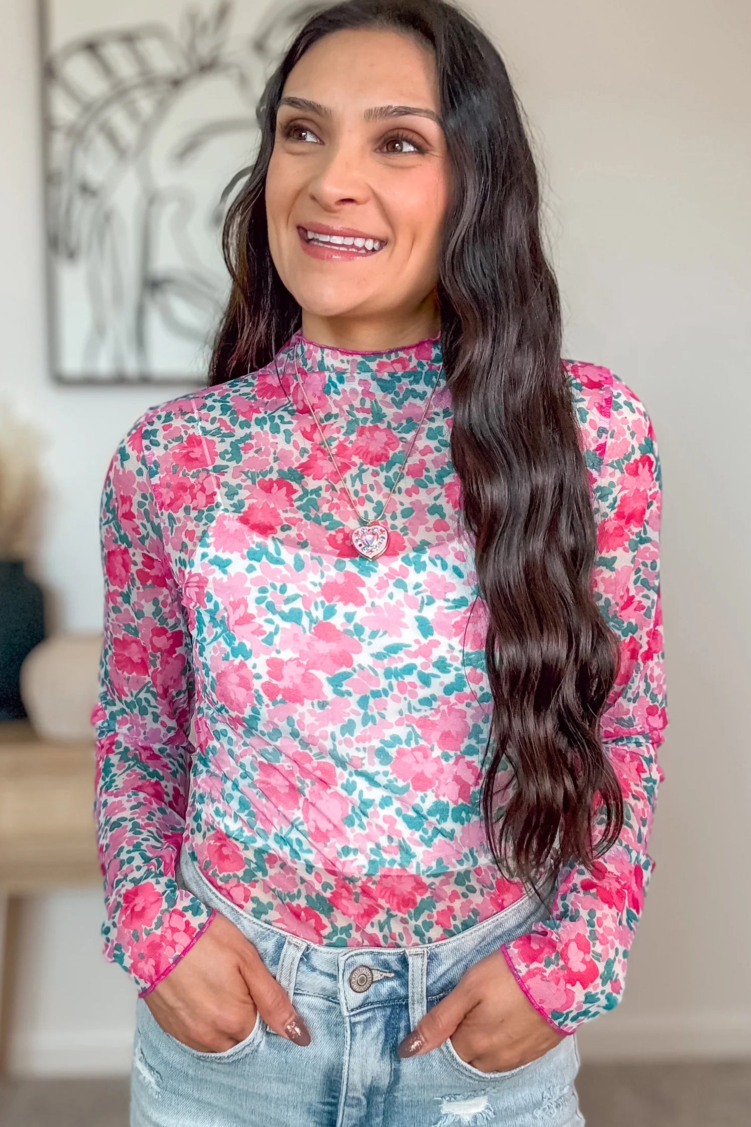 Pink Slim Fit Floral Mesh Long Sleeve Mock Neck Top-Tops/Long Sleeve Tops-[Adult]-[Female]-2022 Online Blue Zone Planet