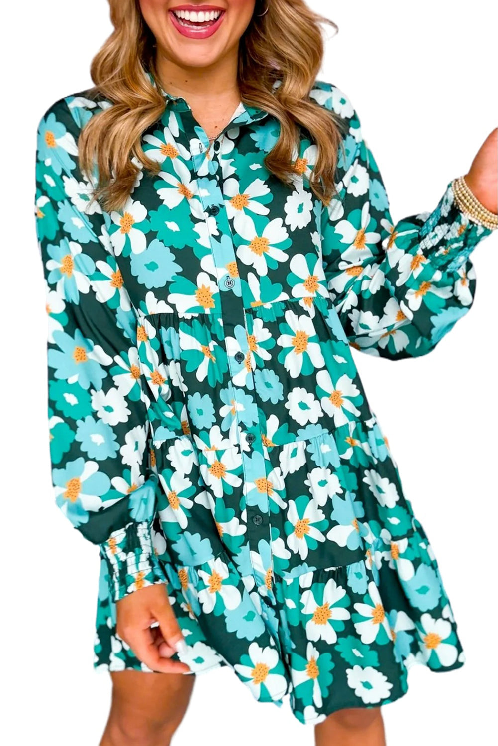 Blue Zone Planet | Green Floral Tiered Long Puff Sleeve Shirt Dress-TOPS / DRESSES-[Adult]-[Female]-2022 Online Blue Zone Planet