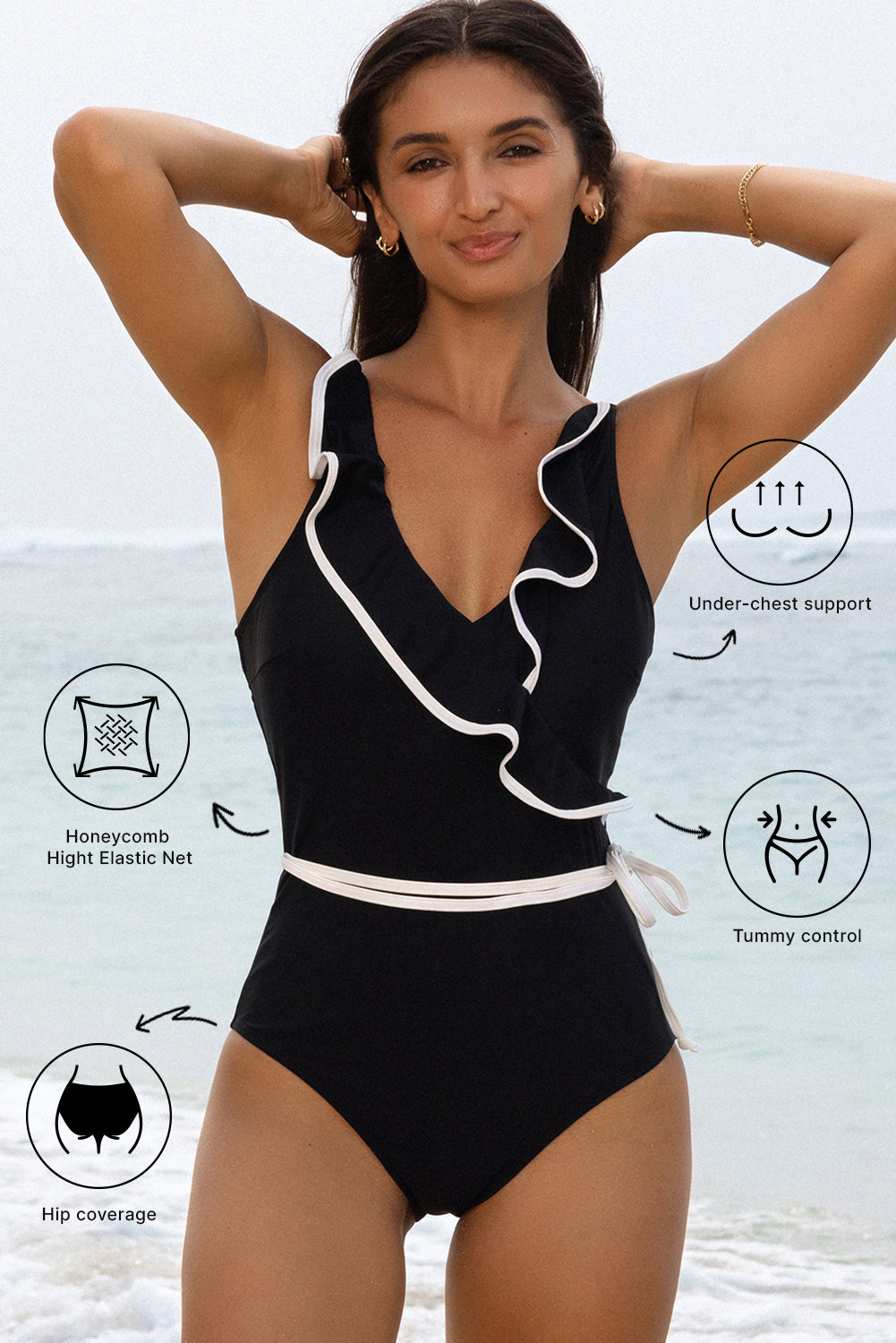 Black Color Contrast Ruffled Wrap V Neck Swimsuit-Swimwear/One Piece Swimsuit-[Adult]-[Female]-2022 Online Blue Zone Planet