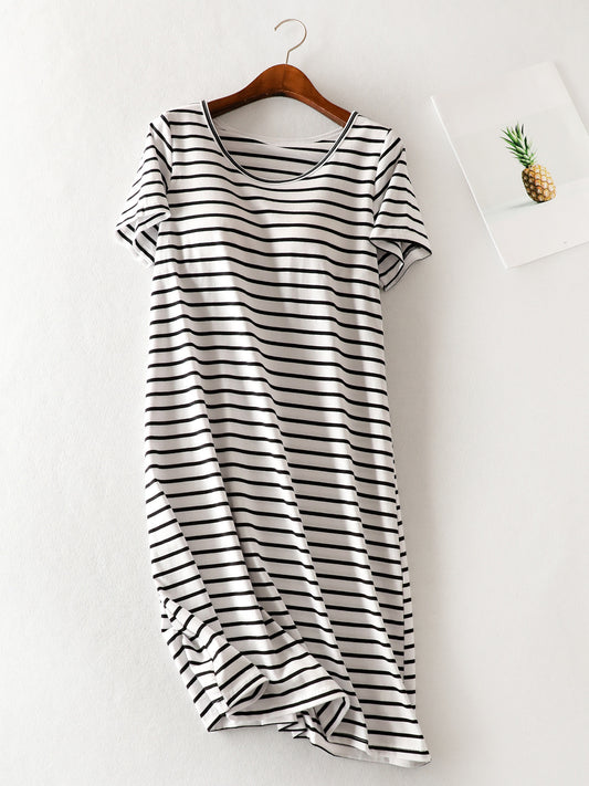 Blue Zone Planet | Striped Round Neck Short Sleeve Dress-TOPS / DRESSES-[Adult]-[Female]-Black/White-M-2022 Online Blue Zone Planet