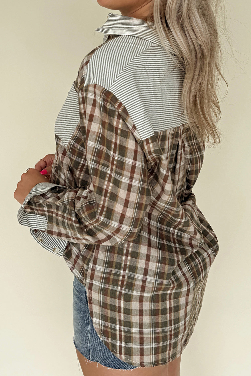 Brown Plaid Print Striped Patchwork Single Chest Pocket Buttoned Shirt-Tops/Blouses & Shirts-[Adult]-[Female]-2022 Online Blue Zone Planet