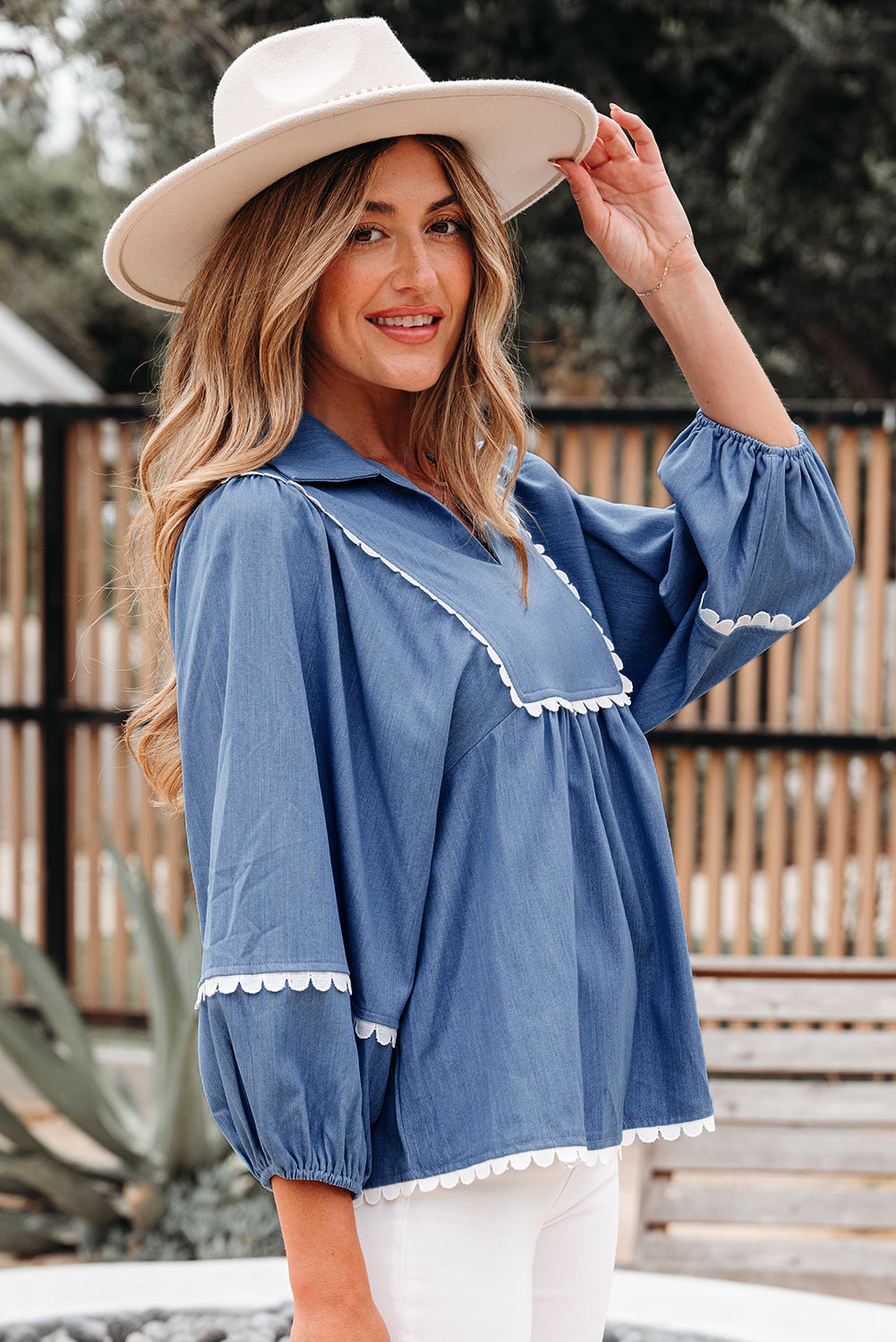 Dusk Blue Lace Ric Rac 3/4 Puff Sleeve Collared Babydoll Blouse-Tops/Blouses & Shirts-[Adult]-[Female]-2022 Online Blue Zone Planet