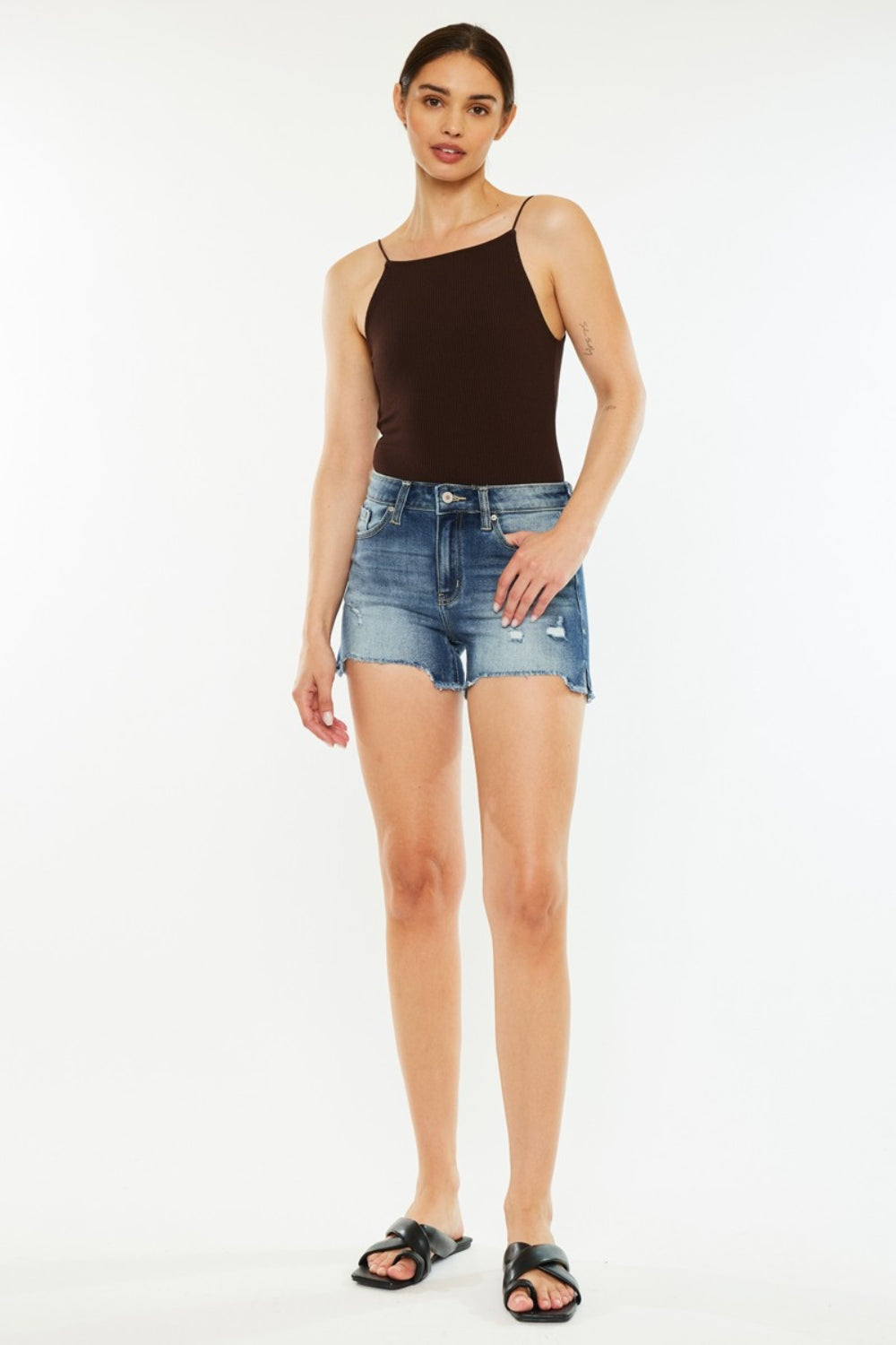 Kancan High Waist Raw Hem Denim Shorts-BOTTOMS SIZES SMALL MEDIUM LARGE-[Adult]-[Female]-2022 Online Blue Zone Planet