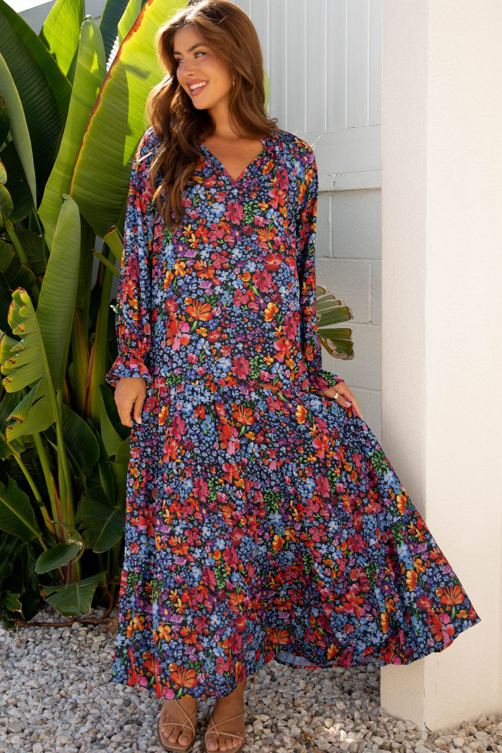 Blue Floral Print Tassel Tie V Neck Long Sleeve Flowy Long Dress-TOPS / DRESSES-[Adult]-[Female]-2022 Online Blue Zone Planet
