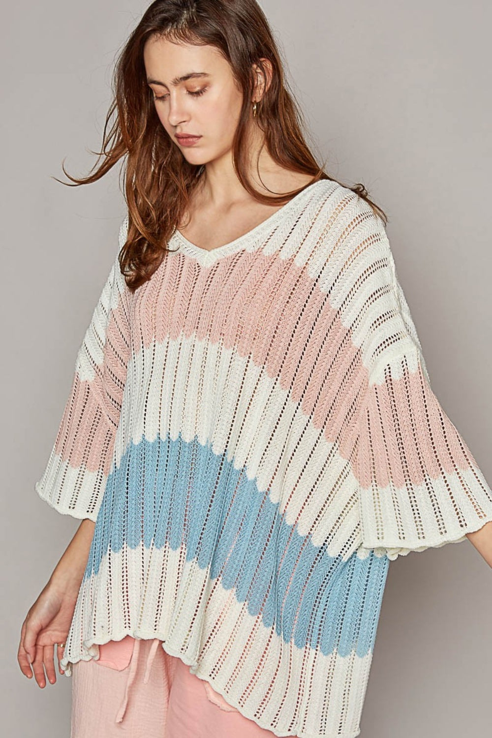 Blue Zone Planet | POL V-Neck Short Sleeve Stripe Weave Sweater-TOPS / DRESSES-[Adult]-[Female]-2022 Online Blue Zone Planet