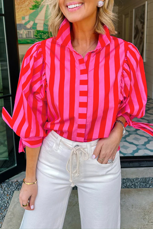 Red Stripe Tie Puff Sleeve Womens Button Down Shirt-Tops/Blouses & Shirts-[Adult]-[Female]-Red Stripe-S-2022 Online Blue Zone Planet
