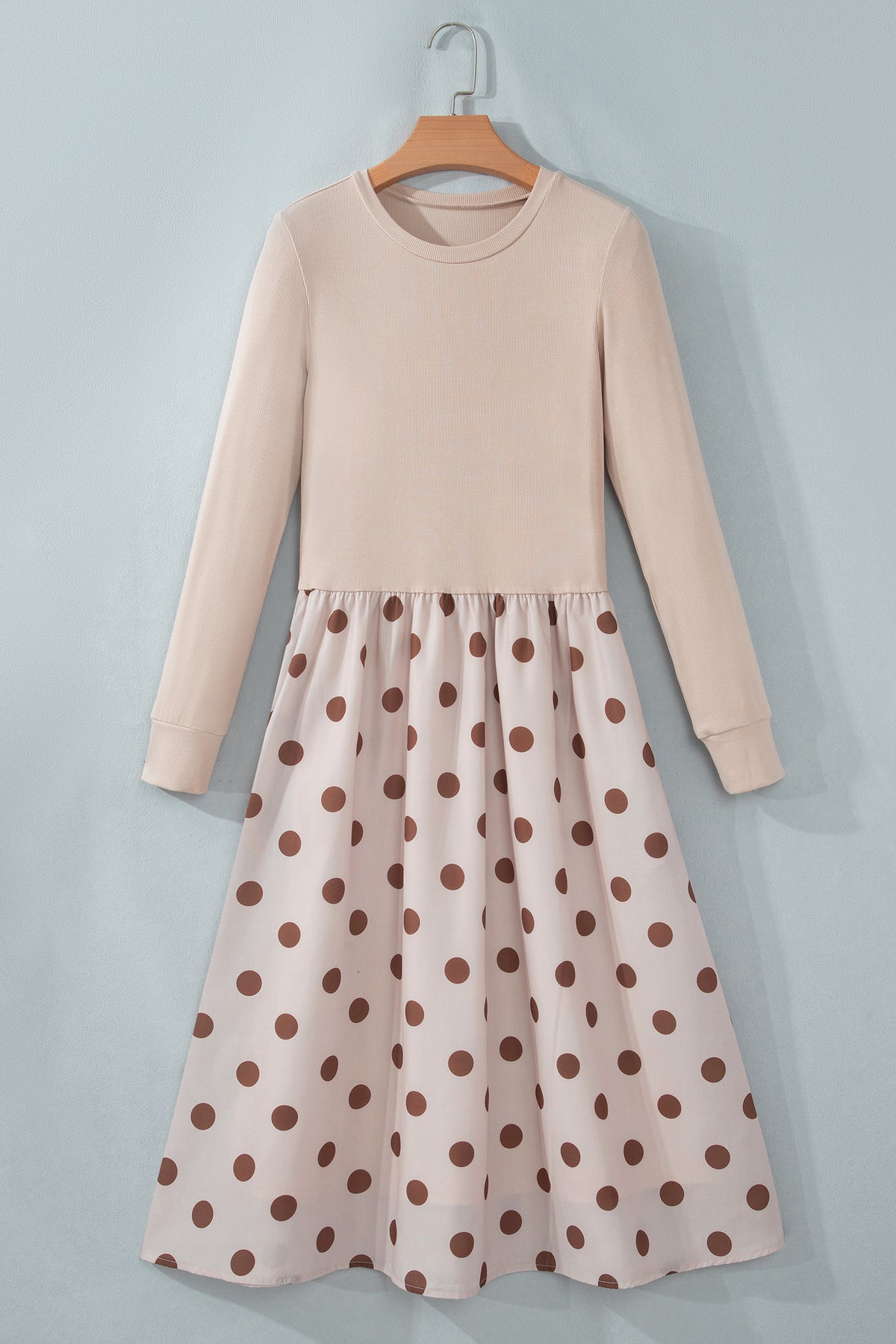 Beige Polka Dot Midi Long Sleeve Dress-TOPS / DRESSES-[Adult]-[Female]-2022 Online Blue Zone Planet