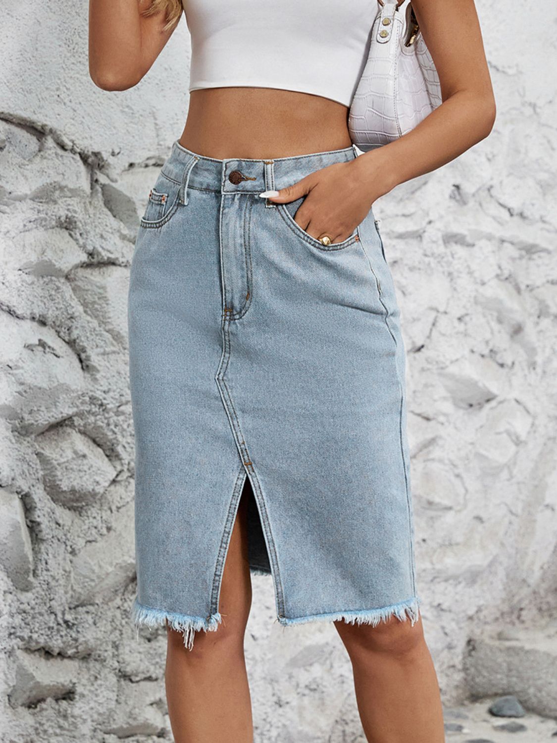 Raw Hem Slit Denim Skirt-BOTTOMS SIZES SMALL MEDIUM LARGE-[Adult]-[Female]-2022 Online Blue Zone Planet