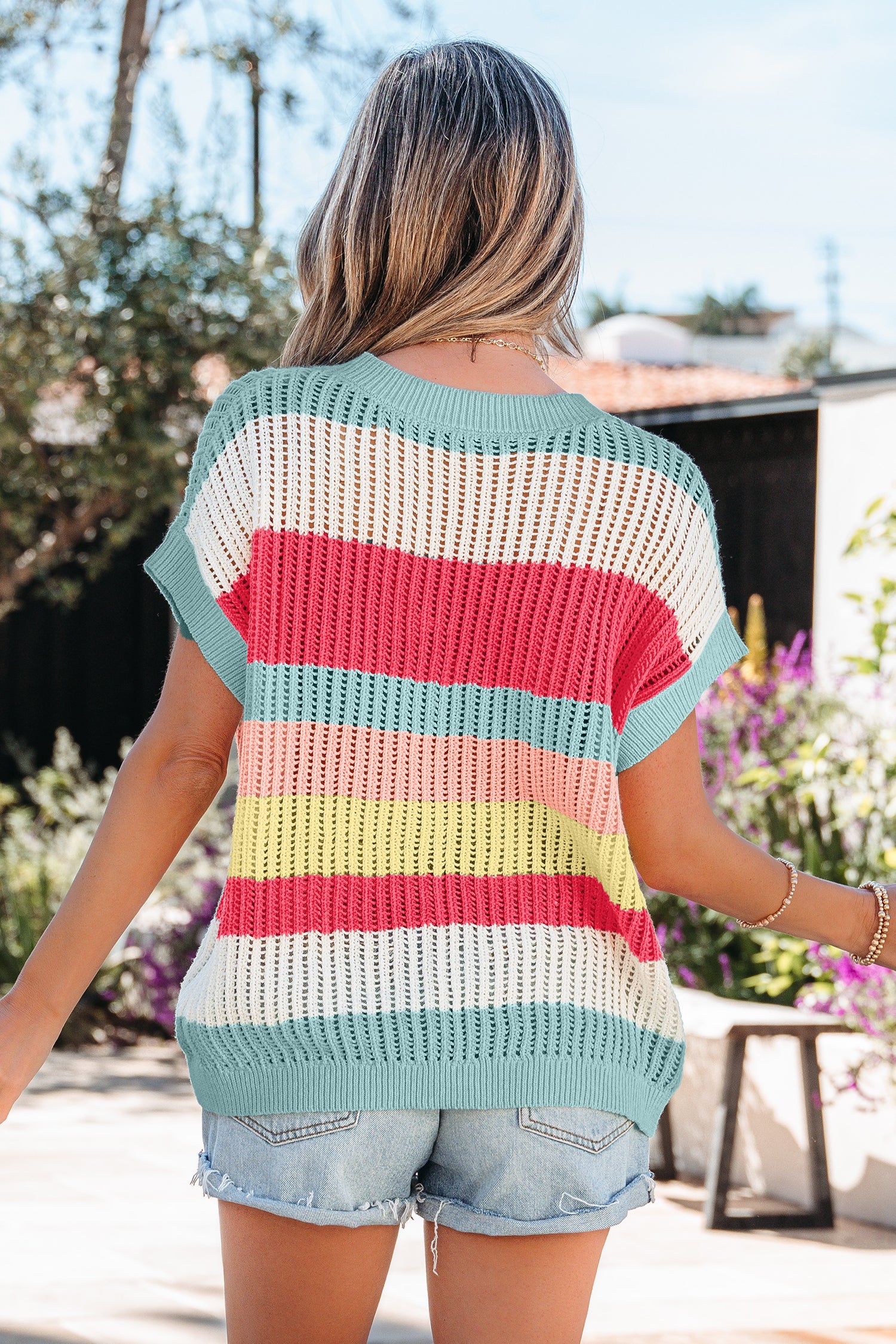Green Stripe Color Block Hollow Out Knit Short Sleeve Sweater-TOPS / DRESSES-[Adult]-[Female]-2022 Online Blue Zone Planet