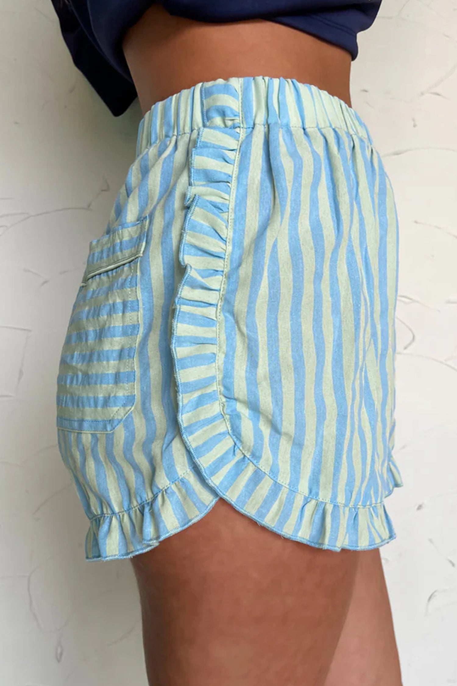 Sky Blue Stripe Elastic Waist Ruffle Trim Casual Shorts-Bottoms/Casual Shorts-[Adult]-[Female]-2022 Online Blue Zone Planet