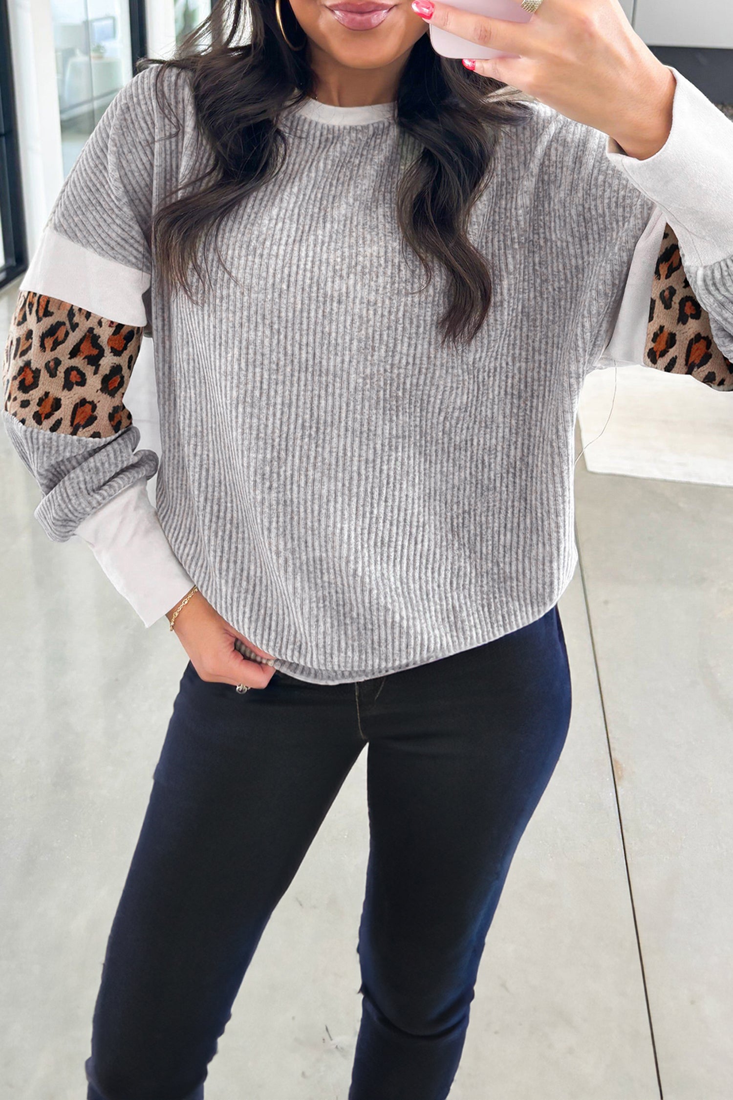 Gray Leopard Print Colorblock Patchwork Ribbed Knit Top-Tops/Long Sleeve Tops-[Adult]-[Female]-Gray-S-2022 Online Blue Zone Planet