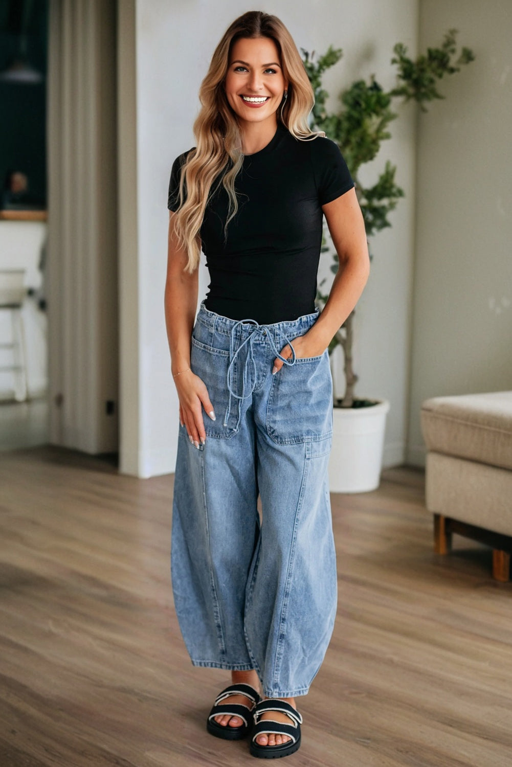 Myosotis Large Patch Pocket Drawstring Paperbag Waist Barrel Jeans-Bottoms/Jeans-[Adult]-[Female]-2022 Online Blue Zone Planet