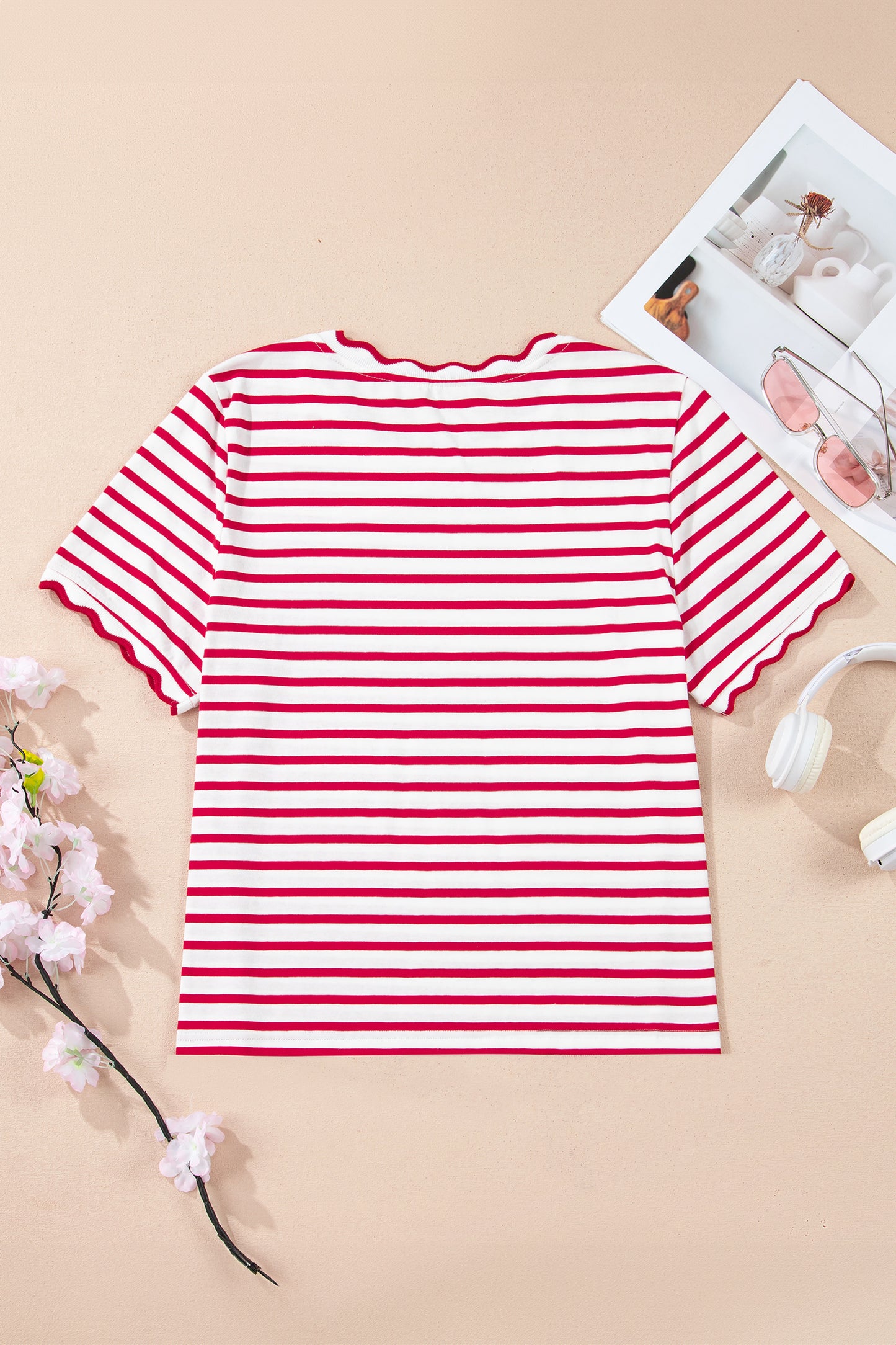 Red Stripe Scalloped Trim Round Neck T Shirt-Tops/Tops & Tees-[Adult]-[Female]-2022 Online Blue Zone Planet