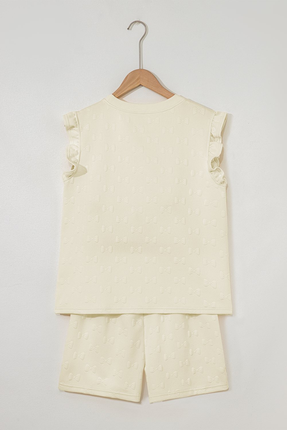 White Bow Jacquard Ruffle Sleeve Short 2pcs Outfit-Two Piece Sets/Short Sets-[Adult]-[Female]-2022 Online Blue Zone Planet