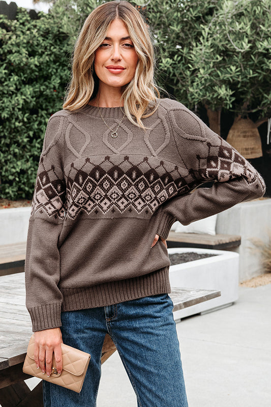 Light French Beige Western Geometric Patterned Crew Neck Knitted Sweater-Sweaters & Cardigans/Sweaters-[Adult]-[Female]-Light French Beige-S-2022 Online Blue Zone Planet