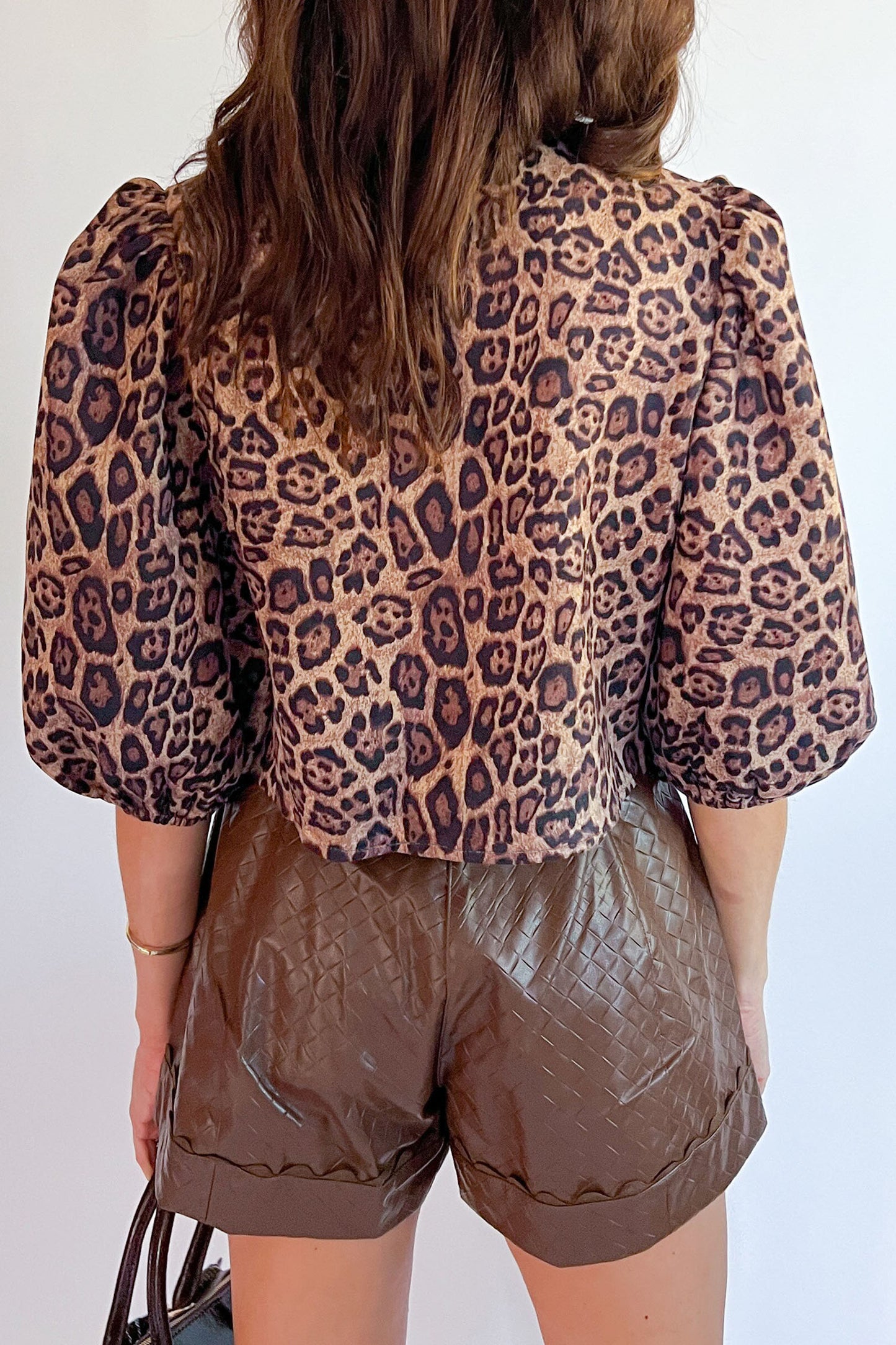 Brown Leopard Bow Tie Puff Sleeve Blouse-Tops/Blouses & Shirts-[Adult]-[Female]-2022 Online Blue Zone Planet