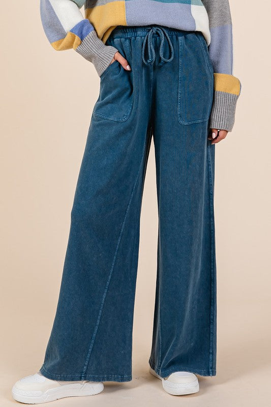 Blue Zone Planet | Mittoshop Mineral Wash French Terry Drawstring Wide Leg Pants-BOTTOMS SIZES SMALL MEDIUM LARGE-[Adult]-[Female]-Dark Blue-S-2022 Online Blue Zone Planet