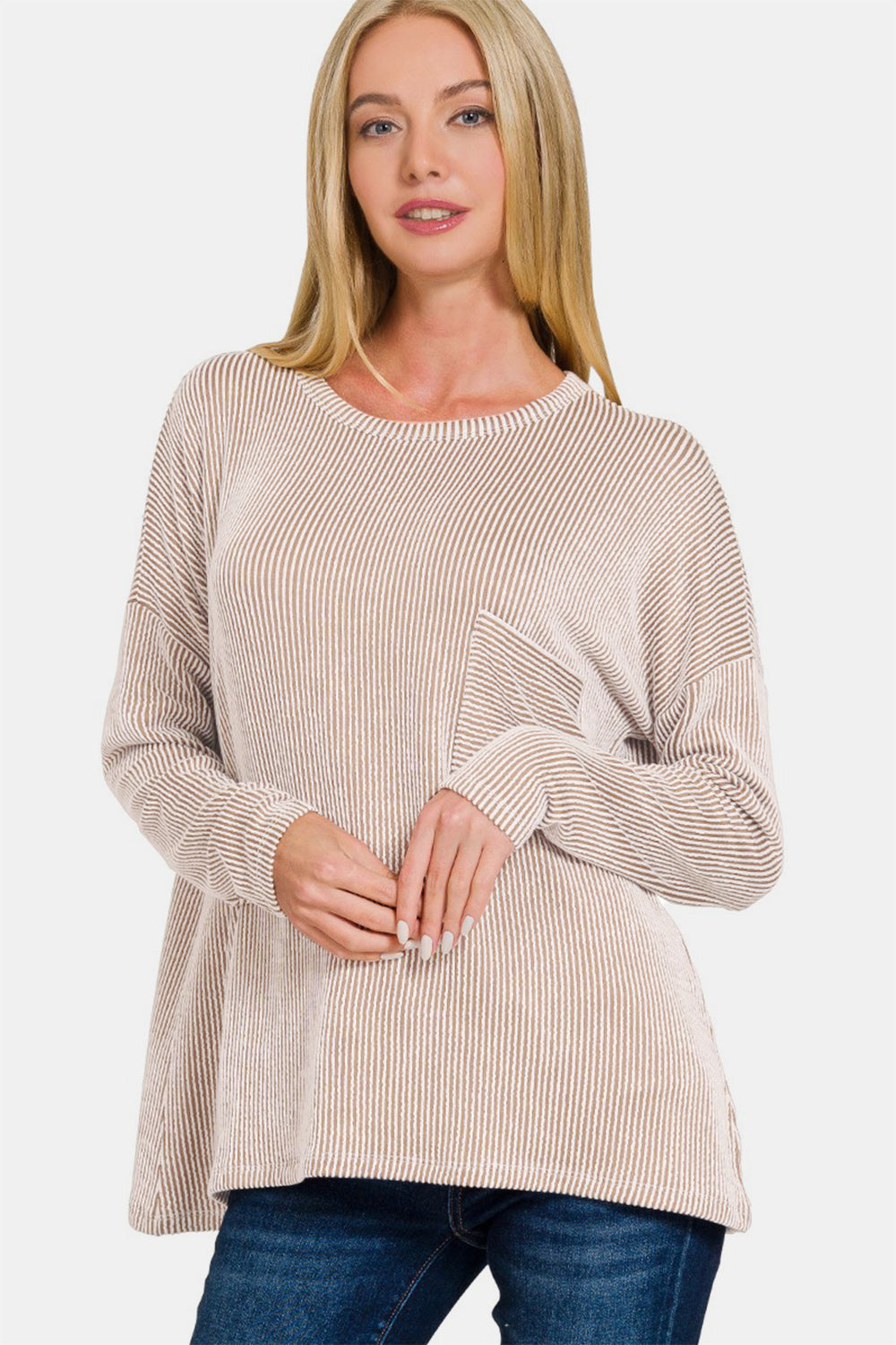 Zenana Ribbed Striped Long Sleeve T-Shirt-TOPS / DRESSES-[Adult]-[Female]-Ash Mocha-S/M-2022 Online Blue Zone Planet