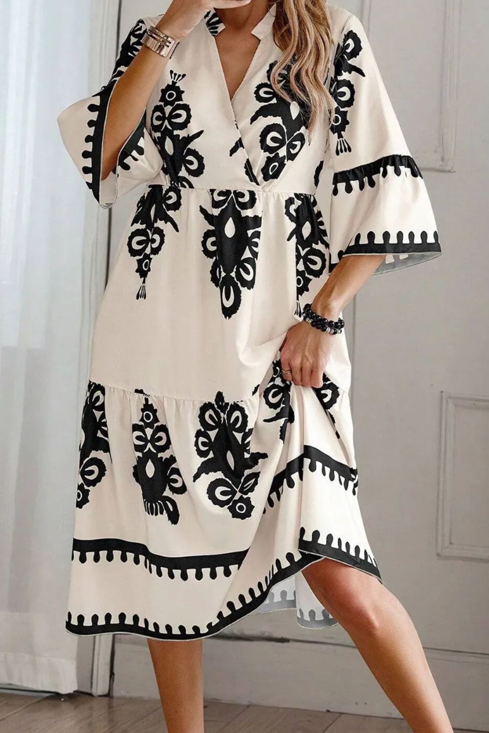 Printed Half Sleeve Knee Length Dress - Blue Zone Planet Ivory / S by Blue Zone Planet Printed Half Sleeve Knee Length Dress - Blue Zone Planet Ivory / S by Blue Zone Planet