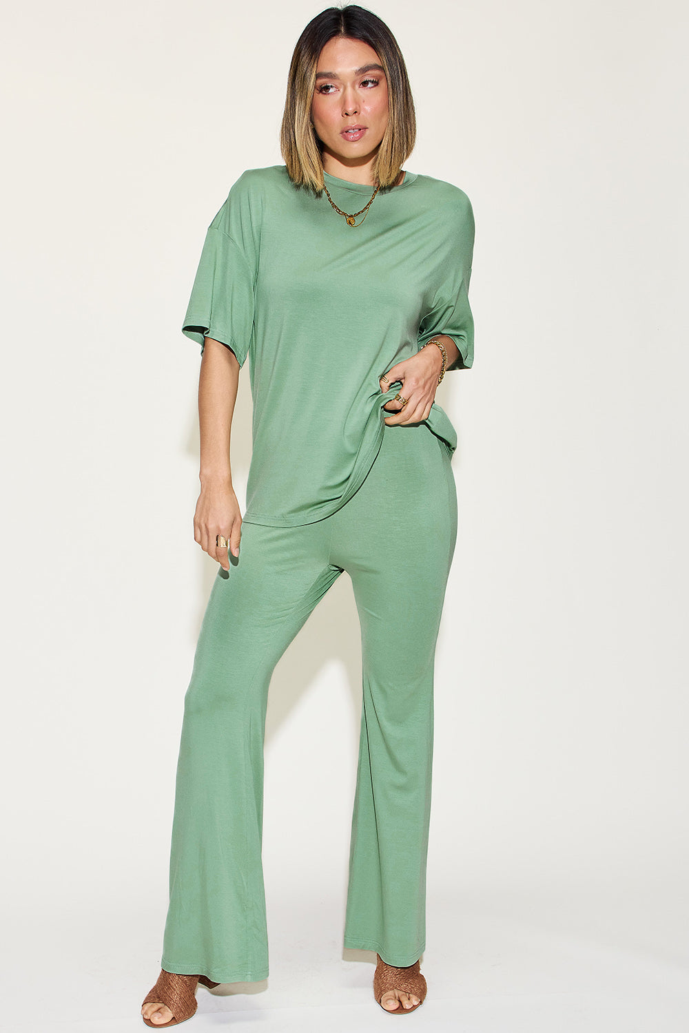 Basic Bae Full Size Bamboo Drop Shoulder T-Shirt and Flare Pants Set-TOPS / DRESSES-[Adult]-[Female]-Sage-S-2022 Online Blue Zone Planet